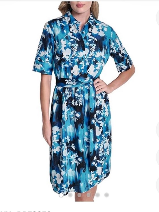 Dkny Dresses & Skirts - DKNY Blue and White Floral Midi Shirt Dress with Tie Waist